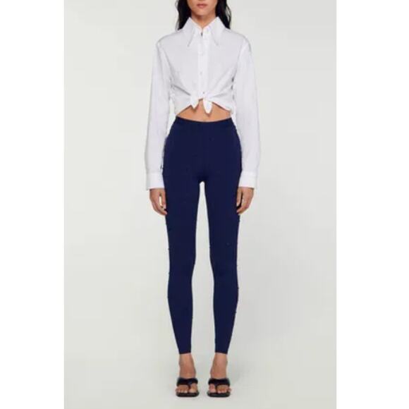 Sandro Women's Blue Marine Rhinestone Leggings Size 38 | Small - Picture 1 of 11